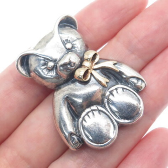 THE TOUCH 14K Gold & 925 Sterling Silver Vintage Teddy Bear Oxidized Pin Pendant